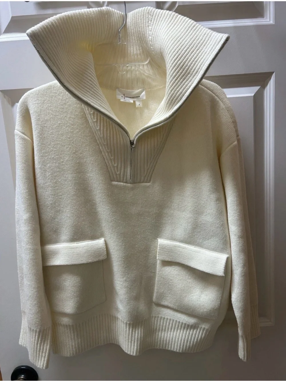 Anthropologie Cream Hooded Half-Zip Pocket Sweater